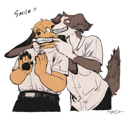 Rule 34 | 2boys, belt, black pants, border collie, brown fur, claws, dog boy, fangs, finger in another&#039;s mouth, furry, furry male, furry with furry, highres, joseph (smell), multiple boys, nagabe, noi (smell), one eye closed, pants, pawpads, school, shirt, signature, smell (nagabe), smile, untucked shirt, white background, white shirt, yellow fur