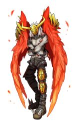Rule 34 | 1boy, artist request, claws, demon wings, digimon, digimon (creature), full body, highres, horned mask, horns, long hair, mask, muscular, neodevimon, pectorals, red wings, white hair, wings