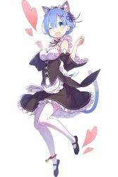 Rule 34 | 10s, 1girl, ;d, animal ears, ankle bell, apron, blue eyes, blue hair, breasts, cat ears, cat tail, cleavage, detached sleeves, frills, full body, hair ornament, hairband, heart, highres, lolita hairband, matching hair/eyes, medium breasts, one eye closed, ootsuka shin&#039;ichirou, open mouth, paw pose, re:zero kara hajimeru isekai seikatsu, rem (re:zero), short hair, smile, solo, tail, thighhighs, transparent background, underbust, white thighhighs, wide sleeves, x hair ornament