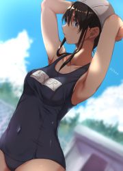 Rule 34 | 10s, 1girl, armpits, arms up, black hair, blue eyes, blue sky, blush, breasts, building, clothes writing, cloud, collarbone, covered navel, day, fence, idolmaster, idolmaster cinderella girls, long hair, looking at viewer, looking to the side, murasame nohito, name tag, one-piece swimsuit, sagisawa fumika, school swimsuit, sky, swim cap, swimsuit, tree