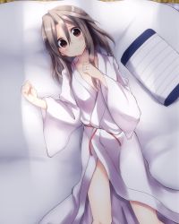 Rule 34 | 10s, 1girl, amano kouki, bed, blush, brown eyes, brown hair, collarbone, hair down, highres, japanese clothes, jewelry, kantai collection, kimono, long hair, long sleeves, looking at viewer, lying, on back, on bed, personification, pillow, ring, sash, smile, solo, wide sleeves, yukata, zuihou (kancolle)