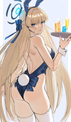 Rule 34 | 1girl, absurdres, animal ears, ass, back, bare shoulders, blonde hair, blue archive, blue eyes, blue leotard, blush, braid, breasts, commentary, cup, deras, detached collar, drinking glass, english commentary, fake animal ears, fake tail, french braid, hair ribbon, halo, highleg, highleg leotard, highres, leotard, long hair, looking at viewer, looking back, medium breasts, mixed-language commentary, official alternate costume, playboy bunny, rabbit ears, rabbit tail, ribbon, solo, tail, thighhighs, thighs, toki (blue archive), toki (bunny) (blue archive), tray, wrist cuffs