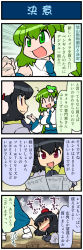 Rule 34 | 2girls, 4koma, artist self-insert, black hair, breasts, comic, detached sleeves, closed eyes, frog hair ornament, green eyes, green hair, hair ornament, hat, highres, kochiya sanae, large breasts, mizuki hitoshi, multiple girls, open mouth, pom pom (clothes), real life insert, red eyes, shaded face, shameimaru aya, smile, snake hair ornament, tokin hat, touhou, translation request, troll face