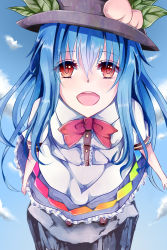 Rule 34 | 1girl, blue hair, bow, cloud, day, food, from above, fruit, hat, hinanawi tenshi, long hair, open mouth, peach, red eyes, rinarisa, sky, smile, solo, standing, touhou