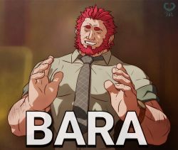 Rule 34 | 1boy, alternate costume, bara, beard, blurry, blurry background, body hair, commentary, derivative work, english commentary, english text, facial hair, fate/grand order, fate/zero, fate (series), formal, iskandar (fate), large hands, leomon32, macro, male focus, manly, meme, muscular, necktie, pectorals, red hair, salaryman, simple background, sleeves rolled up, smile, solo, upper body, watermark