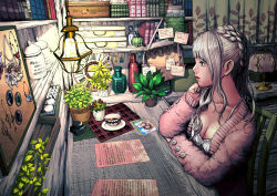 Rule 34 | 1girl, braid, breasts, buttons, cleavage, commentary request, cup, curtains, highres, indoors, jewelry, kalua (artist), lamp, leaf, light, long hair, medium breasts, original, photo (object), pink sweater, plant, potted plant, profile, saucer, silver hair, sitting, solo, sweater, teacup
