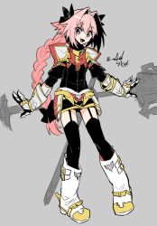 Rule 34 | 1boy, arms at sides, astolfo (fate), black bow, blush, boots, bow, braid, fang, fate/apocrypha, fate (series), gauntlets, grey background, hair bow, hair intakes, haoro, lance, long braid, long hair, male focus, multicolored hair, no cape, open mouth, pink hair, polearm, purple eyes, sheath, sheathed, shoulder pads, signature, simple background, single braid, skin fang, smile, solo, streaked hair, sword, trap, two-tone hair, very long hair, weapon, white hair