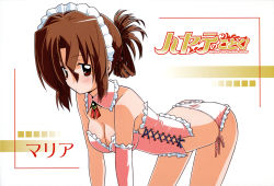 Rule 34 | 1girl, ass, bare shoulders, blush, bra, breasts, brown hair, bustier, cleavage, corset, folded ponytail, hata kenjirou, hayate no gotoku!, large breasts, lingerie, maid, maid headdress, maria (hayate no gotoku!), neckerchief, non-web source, panties, red eyes, solo, thighs, underwear, underwear only