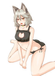 Rule 34 | 10s, 1girl, absurdres, animal ears, bad anatomy, bad id, bad pixiv id, black bra, black panties, blush, bra, breasts, cat cutout, cat ear panties, cat ears, cat lingerie, cleavage cutout, clothing cutout, collarbone, fang, granblue fantasy, grey hair, highres, looking at viewer, meme attire, navel, open mouth, panties, sen (granblue fantasy), side-tie panties, simple background, solo, stomach, underwear, underwear only, white background