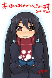Rule 34 | 10s, 2011, akeome, bad id, bad pixiv id, black hair, brown eyes, coat, happy new year, k-on!, long hair, mittens, nakano azusa, new year, pilotis, scarf, solo, sparkle, twintails