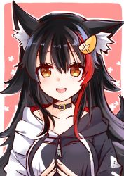 Rule 34 | 1girl, :d, animal ear fluff, animal ears, black hair, breasts, choker, fingers together, hololive, long hair, mikimo nezumi, multicolored hair, ookami mio, ookami mio (casual), open mouth, orange eyes, red hair, smile, streaked hair, virtual youtuber, wolf ears