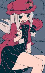 Rule 34 | 1girl, black eyes, bow, crescent, crescent hair ornament, flat color, hair bow, hair ornament, hime cut, legs, light purple hair, limited palette, long hair, long sleeves, lying, on bed, on side, patchouli knowledge, pillow, smoking pipe, solo, thupoppo, touhou, very long hair