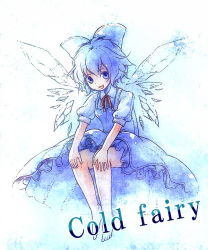 Rule 34 | 1girl, bare legs, barefoot, blue eyes, blue hair, bow, cirno, hair bow, ice, ice wings, matching hair/eyes, short hair, smile, solo, touhou, urin, wings