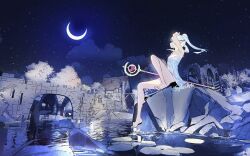 1girl artist_name barefoot blue_theme bridge building cloud commentary crescent_moon dress elf english_commentary feet floating_hair frieren full_body highres holding holding_staff house looking_to_the_side mage_staff moon night outdoors pointy_ears reflection ruins sitting sky soles solo sousou_no_frieren staff star_(sky) starry_sky sydus thighs toes twintails water white_dress white_hair