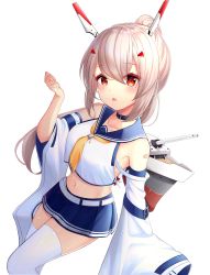Rule 34 | 0v0 (l seohui), 1girl, absurdres, ayanami (azur lane), azur lane, bad id, bad twitter id, bandaid, bare shoulders, belt, black choker, blue sailor collar, blue skirt, blush, choker, collarbone, commentary request, cowboy shot, crop top, crop top overhang, hair between eyes, hand up, headgear, highres, long hair, long sleeves, looking at viewer, midriff, miniskirt, navel, neckerchief, open mouth, pleated skirt, ponytail, red eyes, sailor collar, sailor shirt, shirt, sidelocks, silver hair, simple background, skirt, solo, stomach, thighhighs, thighs, white background, white belt, white shirt, white thighhighs, wide sleeves, yellow neckerchief, zettai ryouiki