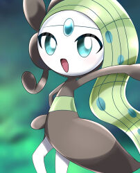 Rule 34 | 1girl, a (pixiv 72325308), arm up, asymmetrical hair, black skin, blue eyes, blue gemstone, blurry, blurry background, colored skin, creatures (company), earpiece, female focus, flat chest, forehead jewel, game freak, gem, gen 5 pokemon, green background, green hair, hand on own hip, highres, legendary pokemon, long hair, looking at viewer, meloetta, meloetta (aria), multicolored skin, mythical pokemon, nintendo, open mouth, outstretched arm, pokemon, pokemon (creature), solo, standing, two-tone skin, very long hair, white skin