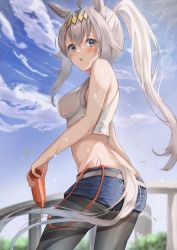 Rule 34 | 1girl, absurdres, ahoge, animal ears, ash kabon, black pantyhose, blue shorts, blush, bottle, breasts, cloud, commentary request, cowboy shot, crop top, day, diffraction spikes, from behind, grey hair, hair ornament, highres, holding, holding bottle, horse ears, horse girl, horse tail, long hair, looking at viewer, looking back, medium breasts, multicolored hair, oguri cap (umamusume), outdoors, pantyhose, parted lips, ponytail, shirt, short shorts, shorts, sidelocks, sleeveless, sleeveless shirt, solo, sweat, tail, thighband pantyhose, two-tone hair, umamusume, water bottle, white shirt