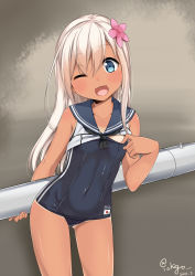 Rule 34 | 10s, 1girl, ;d, @ichigo, areola slip, blonde hair, blue eyes, blush, clothes lift, covered navel, cowboy shot, crop top, dated, flower, hair flower, hair ornament, head tilt, highres, kantai collection, long hair, looking at viewer, neckerchief, one-piece swimsuit, one eye closed, open mouth, ro-500 (kancolle), sailor collar, school swimsuit, shirt lift, smile, solo, swimsuit, swimsuit under clothes, tan, tanline, torpedo, twitter username