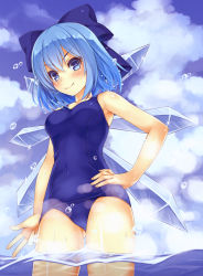 Rule 34 | &gt;:), 1girl, armpits, bad anatomy, bad hands, bad id, bad pixiv id, blue eyes, blue hair, blue one-piece swimsuit, blue sky, blue theme, blush, bow, breasts, cirno, cloud, day, fang, fang out, hair bow, hand on own hip, ice, ice wings, kitou kaitai, looking at viewer, matching hair/eyes, old school swimsuit, one-piece swimsuit, poorly drawn, revision, school swimsuit, sky, smile, solo, swimsuit, touhou, v-shaped eyebrows, water, wet, wet hair, wings