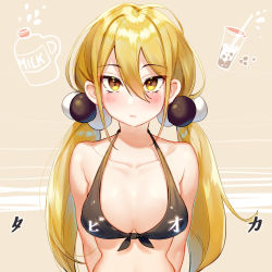 Rule 34 | bare shoulders, bikini, blonde hair, blush, bubble tea, hair bobbles, hair ornament, illian-san, looking at viewer, low twintails, solo, swimsuit, twintails, upper body, xiaoyuan (you can eat the girl), yellow eyes, you can eat the girl