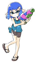 Rule 34 | 1girl, blue eyes, blue hair, blush stickers, comamawa, domino mask, feet, female focus, full body, hair ornament, hairclip, highres, holding, holding weapon, inkling, inkling girl, inkling player character, looking at viewer, mask, matching hair/eyes, nintendo, pointy ears, sandals, short hair, solo, splatoon (series), splattershot (splatoon), tagme, tentacle hair, toes, weapon