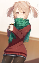 Rule 34 | 1girl, argyle, argyle clothes, argyle scarf, black pantyhose, black skirt, blonde hair, brown eyes, can, canned coffee, cowboy shot, double bun, drink can, frown, green scarf, hair between eyes, hair bun, highres, holding, holding can, kantai collection, long hair, long sleeves, meth (emethmeth), michishio (kancolle), pantyhose, pleated skirt, scarf, signature, skirt, solo, twintails