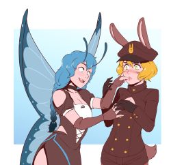Rule 34 | 2girls, animal ears, antennae, arthropod girl, bare shoulders, black dress, black gloves, blue hair, blush, braid, breasts, brit (d-rex), brown gloves, brown headwear, brown shorts, butterfly wings, buttons, choker, cleavage, clothing cutout, collarbone, commentary, d-rex, double-breasted, dress, elbow gloves, finger in another&#039;s mouth, fingerless gloves, gloves, green eyes, hat, highres, insect wings, large breasts, lips, long hair, long sleeves, looking at another, multiple girls, original, rabbit ears, rabbit tail, short hair, shorts, shoulder cutout, side slit, small breasts, tail, teeth, transparent background, upper body, white eyes, wings