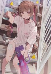 Rule 34 | 1girl, absurdres, bandaid, bikini, bikini under clothes, blunt bangs, blush, brown hair, can, daluto (hitomi555), hair ornament, highres, holding, holding water gun, long hair, looking at viewer, multicolored hair, original, parted lips, pink bikini, pink eyes, pink hair, resolution mismatch, rubber duck, see-through, see-through shirt, sitting, solo, source smaller, spilling, stairs, swimsuit, thighs, twintails, two-tone hair, water gun, wet