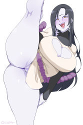 Rule 34 | 1girl, absurdres, black hair, blush, breasts, cameltoe, cleavage, cleavage cutout, clothing cutout, earrings, eyelashes, fangs, female focus, fingernails, genderswap, genderswap (mtf), hand on own knee, heart cutout, highres, jewelry, kneepits, large breasts, lightsource, lips, long hair, long sleeves, naruto (series), open mouth, orochimaru (naruto), pale skin, panties, partially visible vulva, purple panties, rope, shimenawa, shiny skin, sidelocks, signature, simple background, slit pupils, solo, split, standing, standing on one leg, standing split, thick thighs, thighs, thong, tongue, underwear, white background, yellow eyes