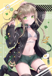 Rule 34 | 1girl, arm up, bear hair ornament, bikini, bikini top only, bikini under clothes, black footwear, black jacket, black thighhighs, blush, boots, breasts, brown hair, closed mouth, collarbone, commentary request, green background, green ribbon, green shorts, grey bikini, hair ornament, hair ribbon, hairclip, hand up, highres, jacket, kohinata hoshimi, lightning bolt symbol, long hair, long sleeves, looking at viewer, open clothes, open jacket, original, pinching sleeves, puffy long sleeves, puffy sleeves, ribbon, short shorts, shorts, side ponytail, sidelocks, sleeves past wrists, small breasts, solo, swimsuit, thighhighs, thighhighs under boots, very long hair