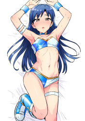 Rule 34 | 1girl, arm strap, armpits, arms up, bandeau, blue footwear, blue hair, blush, boots, brown eyes, choker, highres, idolmaster, idolmaster (classic), kisaragi chihaya, knee boots, long hair, looking at viewer, lying, midriff, navel, on back, open mouth, shoes, short shorts, shorts, sneakers, solo, sweat, thigh strap, tsurui, very long hair, wrist cuffs