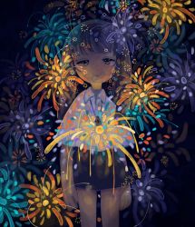 Rule 34 | 1girl, abstract, absurdres, antennae, black hair, black skirt, collared shirt, colorful, cowboy shot, dark, fireworks, glowing, half-closed eyes, highres, jewelry, long hair, looking at viewer, necklace, no nose, original, shirt, short sleeves, sizucomaru, skirt, solo, white shirt