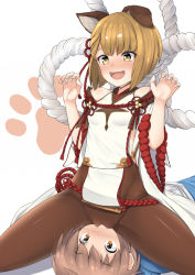 Rule 34 | 1boy, 1girl, :d, animal ears, bare shoulders, blonde hair, blush, breasts, brown pantyhose, cameltoe, commentary request, detached sleeves, dog ears, erune, girl on top, gran (granblue fantasy), granblue fantasy, hekomii, hetero, japanese clothes, open mouth, pantyhose, rope, shimenawa, short hair, sitting, sitting on face, sitting on person, small breasts, smile, vajra (granblue fantasy), wide sleeves, yellow eyes