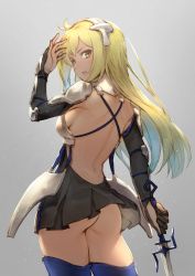 Rule 34 | 10s, 1girl, :o, aiz wallenstein, armor, armored dress, ass, back, backless dress, backless outfit, bare back, bare shoulders, black dress, black gloves, blonde hair, blue thighhighs, breasts, dress, dungeon ni deai wo motomeru no wa machigatteiru darou ka, elbow gloves, faulds, female focus, from behind, gloves, grey background, hair ornament, headgear, holding, holding sword, holding weapon, legs, long hair, looking at viewer, looking back, matching hair/eyes, medium breasts, neo-masterpeacer, open mouth, pauldrons, revealing clothes, round teeth, shoulder armor, shoulder pads, sideboob, skirt, solo, standing, sword, sword oratoria, teeth, thighhighs, waist plate, waistplate, weapon, yellow eyes