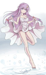 Rule 34 | 1girl, barefoot, blue ribbon, breasts, cleavage, clothes lift, commentary request, crescent, crescent hair ornament, dress, dress lift, grey dress, hair ornament, hair ribbon, highres, large breasts, long hair, looking at viewer, namiki (remiter00), patchouli knowledge, purple dress, purple eyes, purple hair, red ribbon, ribbon, solo, striped clothes, striped dress, touhou, tress ribbon, very long hair, water