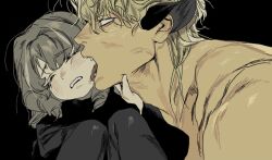 Rule 34 | 1boy, 1girl, age difference, black background, black dress, blonde hair, closed eyes, dress, fangs, grey hair, licking, licking another&#039;s face, mgong520, original, pantyhose, parted lips, profile, short hair, simple background, sketch, teeth, tongue, topless male, upper body