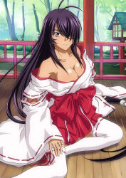 Rule 34 | 1girl, antenna hair, black hair, breasts, cleavage, closed mouth, day, grey eyes, hair over one eye, hakama, hakama skirt, ikkitousen, japanese clothes, kan&#039;u unchou, kimono, large breasts, long hair, long sleeves, low-tied long hair, miko, off shoulder, outdoors, red hakama, ribbon-trimmed sleeves, ribbon-trimmed thighhighs, ribbon trim, shiny skin, sitting, skirt, smile, solo, thighhighs, very long hair, white kimono, white thighhighs, wide sleeves, wooden floor