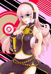 Rule 34 | 1girl, armband, asymmetrical sleeves, bare shoulders, belt, black skirt, blue eyes, breasts, brooch, detached sleeves, feccso, female focus, gem, hand on own chest, headphones, headset, holding, holding hair, jewelry, long hair, long skirt, looking at viewer, megurine luka, midriff, multiple belts, nail polish, navel, open mouth, pink hair, blue gemstone, side slit, single sleeve, skirt, sleeveless, sleeveless turtleneck, solo, turtleneck, uneven sleeves, vocaloid, yellow detached sleeves