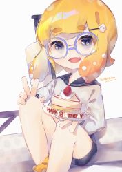 Rule 34 | 1girl, absurdres, black sailor collar, black skirt, black thighhighs, blouse, blunt bangs, blush, bow, bowtie, cake, colored tongue, commentary, cowboy shot, english commentary, eru daydream, fang, food, glasses, gradient hair, highres, inkling, inkling girl, inkling player character, long hair, long sleeves, looking at viewer, midriff, miniskirt, multicolored hair, nintendo, orange hair, pointy ears, red bow, red bowtie, sailor collar, school uniform, serafuku, shirt, simple background, sitting, skin fang, skirt, solo, splatoon (series), squidbeak splatoon, standing, sweatdrop, tentacle hair, thighhighs, v, white background, white shirt