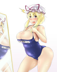 Rule 34 | 1girl, bad id, bad pixiv id, bad reflection, blonde hair, blush, breasts, bursting belly, bursting breasts, curvy, artistic error, eyebrows, female focus, hat, highres, hip focus, huge breasts, mirror, one-piece swimsuit, plump, purple eyes, reflection, school swimsuit, skindentation, solo, surprised, swimsuit, thick eyebrows, thighs, touhou, translated, undersized clothes, wide hips, xxzero, yakumo yukari, yellow eyes