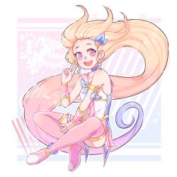 Rule 34 | 1girl, blonde hair, heterochromia, highres, image sample, jewelry, league of legends, long hair, luhoshiii, magical girl, multicolored hair, pink eyes, smile, thighhighs, twitter sample, v, zoe (league of legends)