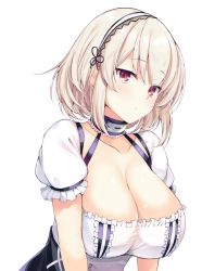 Rule 34 | 1girl, azur lane, blush, breasts, choker, cleavage, closed mouth, collarbone, hair between eyes, hairband, kaniya shiku, lace-trimmed hairband, lace trim, large breasts, looking at viewer, puffy sleeves, red eyes, short hair, short sleeves, simple background, sirius (azur lane), solo, white background, white hair