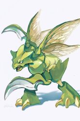 Rule 34 | bbibebe, creatures (company), game freak, gen 1 pokemon, highres, insect wings, nintendo, no humans, open mouth, pokemon, pokemon (creature), scyther, shadow, simple background, solo, standing, white background, wings