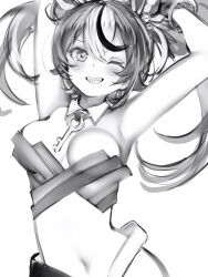 Rule 34 | 1girl, absurdres, armpits, arms up, bare arms, blush, breasts, detached collar, dice hair ornament, greyscale, grin, hair between eyes, hair ornament, hakos baelz, highres, hololive, hololive english, key, large breasts, long hair, looking at viewer, monochrome, multicolored hair, nanashi (nlo), navel, one eye closed, sharp teeth, simple background, smile, solo, stomach, teeth, twintails, upper body, virtual youtuber
