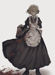 Rule 34 | 1boy, alternate costume, apron, black dress, blonde hair, blood, blood on clothes, blood on face, briefcase, dress, full body, highres, limbus company, maid, maid apron, maid headdress, male focus, project moon, short hair, simple background, sinclair (project moon), solo, upi (ukn18pkanother), white background, yellow eyes