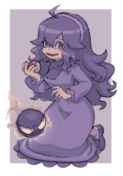 Rule 34 | 1girl, @ @, ahoge, an-chan (ananna0315), border, commentary request, creatures (company), dress, game freak, gastly, gen 1 pokemon, hair between eyes, hairband, hex maniac (pokemon), highres, holding, holding poke ball, kneeling, long hair, long sleeves, nintendo, open mouth, outside border, poke ball, poke ball (basic), pokemon, pokemon (creature), pokemon xy, purple dress, purple eyes, purple footwear, purple hair, purple hairband, shoes, smile, white border
