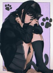 Rule 34 | 1girl, amagami, animal ears, black eyes, black hair, black hairband, black jacket, black sailor collar, black socks, blazer, border, buttoned cuffs, buttons, cat ears, cat tail, crossed arms, curly hair, drill hair, fake animal ears, grey border, grey skirt, hairband, hand in own hair, hands on own knees, highres, jacket, kibito high school uniform, kneehighs, long hair, long sleeves, looking at viewer, miniskirt, morishima haruka, outside border, parted lips, paw print, pleated skirt, purple background, sailor collar, school uniform, signature, simple background, sitting, skirt, socks, solo, tail, tenpanco, thighs