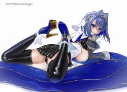 Rule 34 | 1girl, absurdres, ankle boots, black panties, black skirt, black thighhighs, blue eyes, blue footwear, blue hair, blush, boots, breasts, feet up, from behind, greatodoggo, hair between eyes, hair intakes, head chain, high heel boots, high heels, highres, hololive, hololive english, jewelry, juliet sleeves, large breasts, long sleeves, looking at viewer, looking back, lying, medium hair, on stomach, ouro kronii, panties, platform boots, platform footwear, puffy sleeves, sideboob, simple background, skirt, smile, solo, striped clothes, striped skirt, thighhighs, twitter username, underwear, vertical-striped clothes, vertical-striped skirt, virtual youtuber, white background, zipper footwear