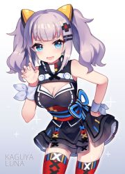 Rule 34 | 1girl, blue eyes, blush, breasts, character name, cleavage, copyright name, d-pad, d-pad hair ornament, diamond-shaped pupils, diamond (shape), grey hair, hair ornament, hairclip, kaguya luna, large breasts, looking at viewer, open mouth, red thighhighs, sharlorc, short hair, short twintails, smile, solo, symbol-shaped pupils, the moon studio, thighhighs, twintails, virtual youtuber