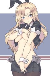 Rule 34 | 1girl, animal ears, black jacket, blonde hair, blue eyes, blush, breasts, clothes pull, covering breasts, covering nipples, covering privates, embarrassed, hiding, hornet (kancolle), jacket, kantai collection, large breasts, looking at viewer, meme attire, nakadori (movgnsk), navel, open clothes, pantyhose, rabbit ears, reverse bunnysuit, reverse outfit, simple background, skirt, skirt pull, solo